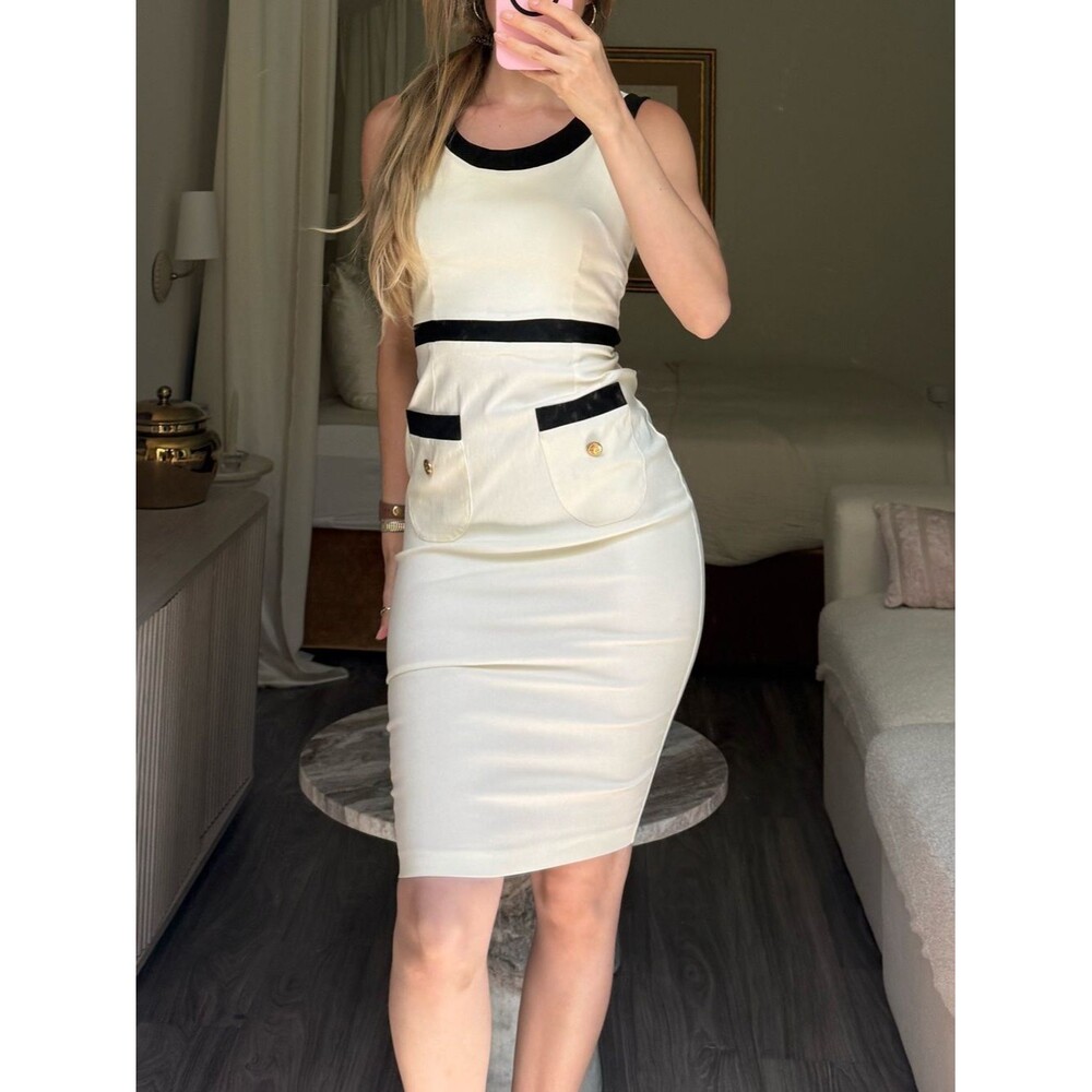 Vesper London Old Money Contrast Trim Pencil Dress Ivory Black Size 8 NWT